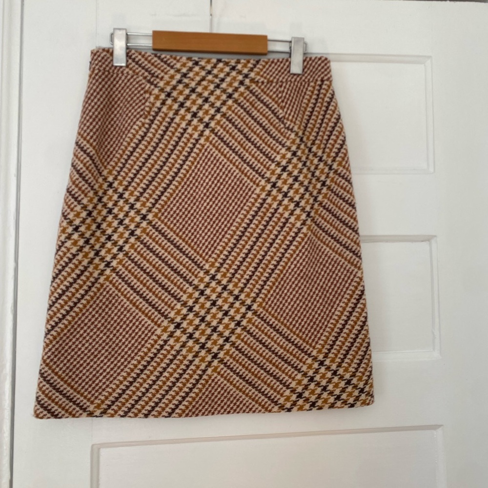 Tory Burch Brown, Tan & Cream Plaid Wool Blend Skirt - Picture 2 of 8